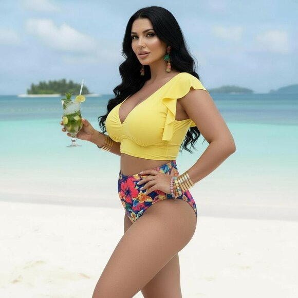 🆕Boho Chic Plus Size Yellow Ruffle Tankini Set High Rise Tropical Floral Bottom - Picture 11 of 16